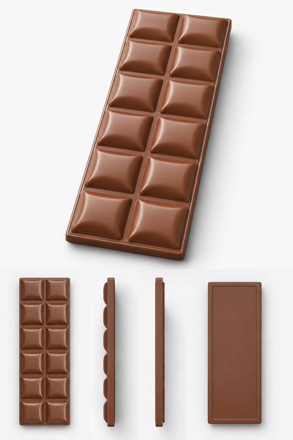 Finished chocolate bar cast from the 3D-printed mould, showing twelve rectangular segments.